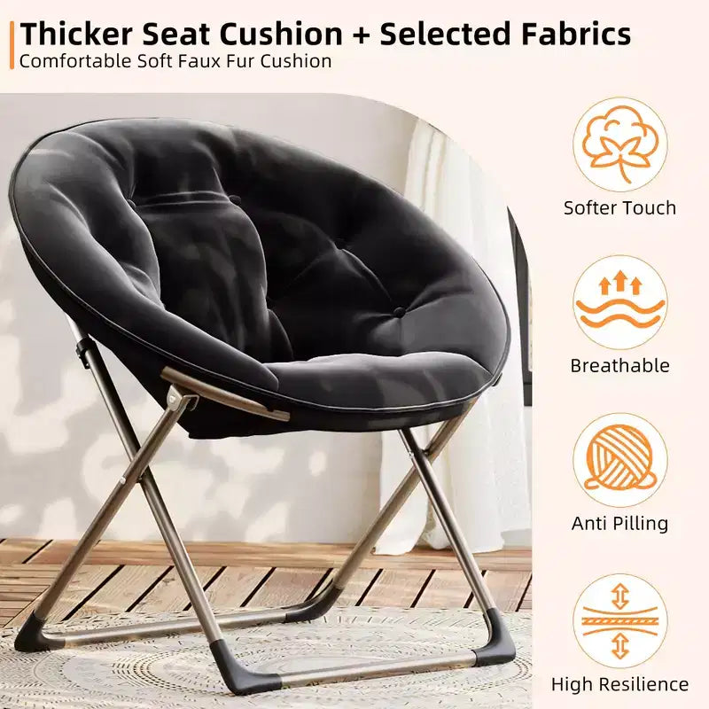 Fauteuil soucoupe pliant en fausse fourrure, assise épaisse et moelleuse, cadre métallique