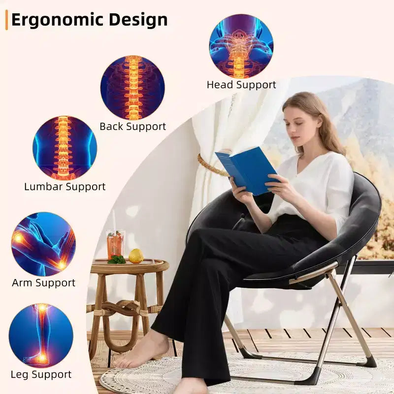 Fauteuil soucoupe pliant en fausse fourrure, assise épaisse et moelleuse, cadre métallique
