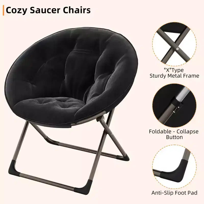 Fauteuil soucoupe pliant en fausse fourrure, assise épaisse et moelleuse, cadre métallique