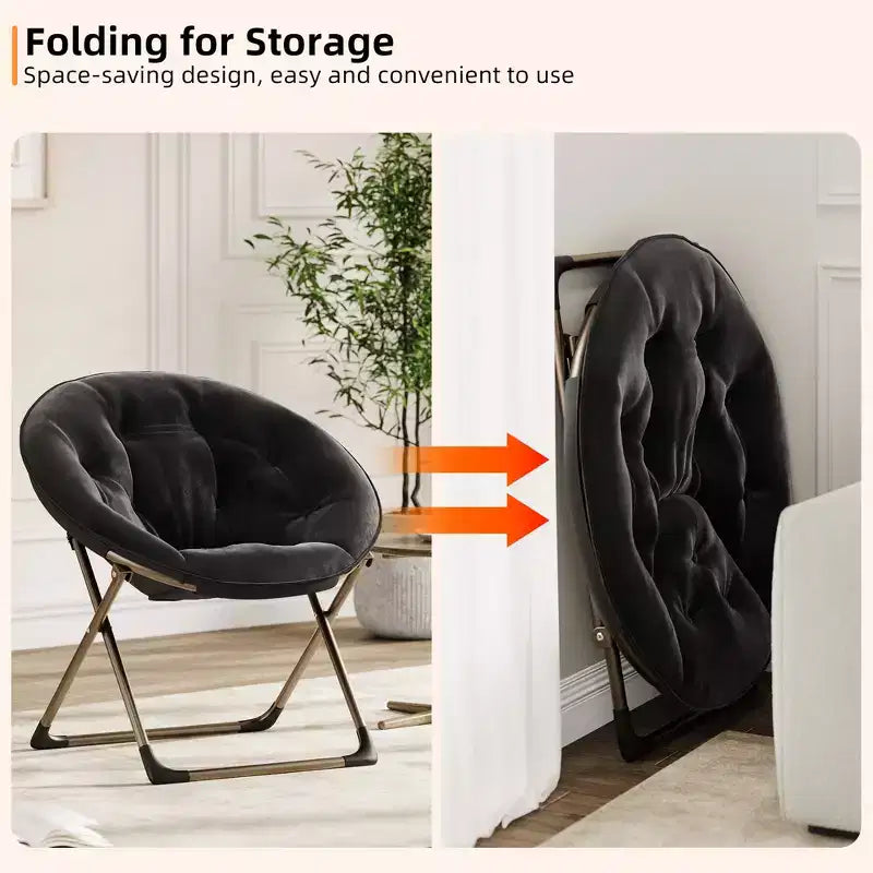 Fauteuil soucoupe pliant en fausse fourrure, assise épaisse et moelleuse, cadre métallique