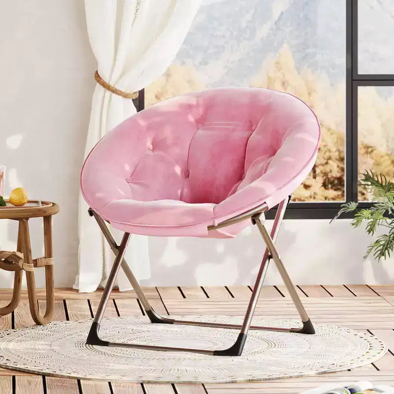 Fauteuil soucoupe pliant en fausse fourrure, assise épaisse et moelleuse, cadre métallique