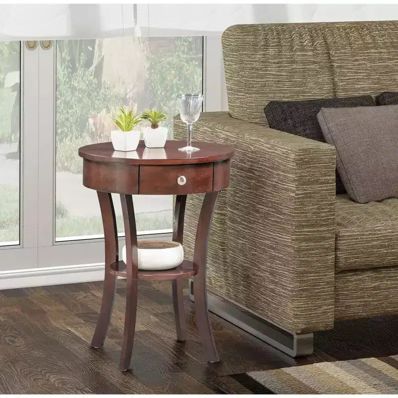 Table d'appoint avec tiroir et étagère, en bois massif, pieds incurvés, rangement dissimulé