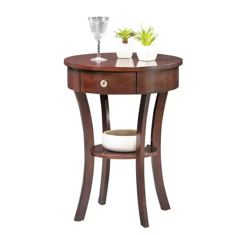 Table d'appoint avec tiroir et étagère, en bois massif, pieds incurvés, rangement dissimulé