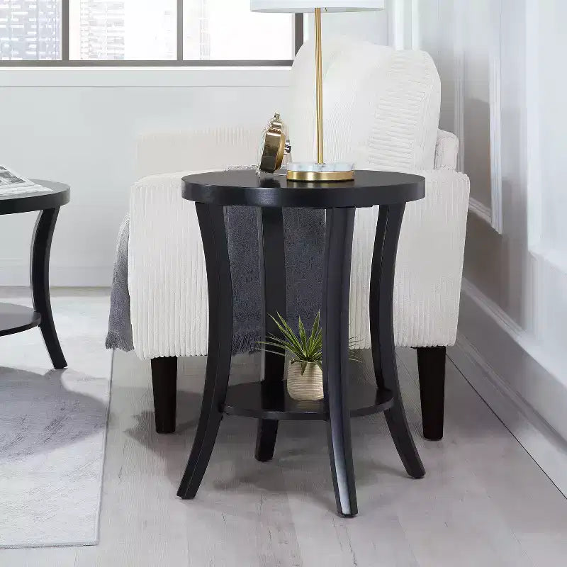 Table d'appoint ronde avec étagère à deux niveaux, pieds incurvés, finition placage