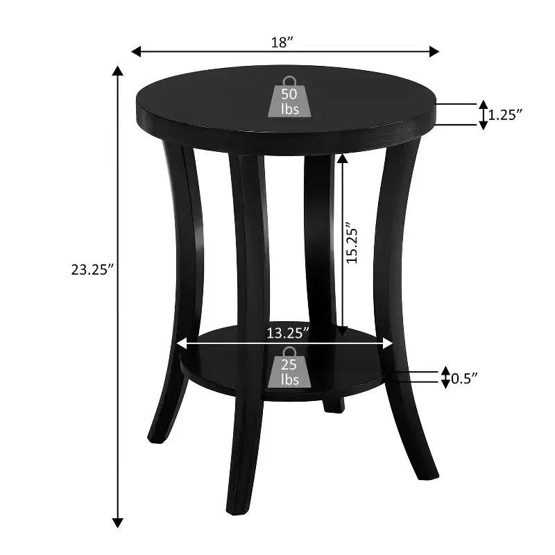 Table d'appoint ronde avec étagère à deux niveaux, pieds incurvés, finition placage