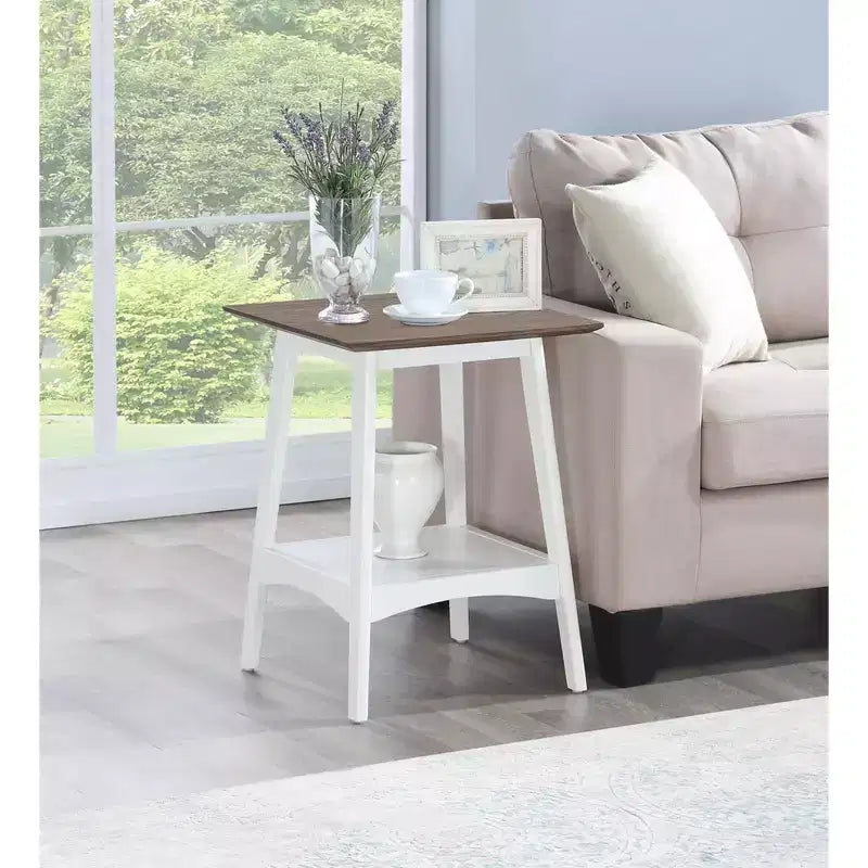 Table d'appoint style Mid-Century Modern avec étagère ouverte, plateau en MDF plaqué et pieds en bois d'hévéa