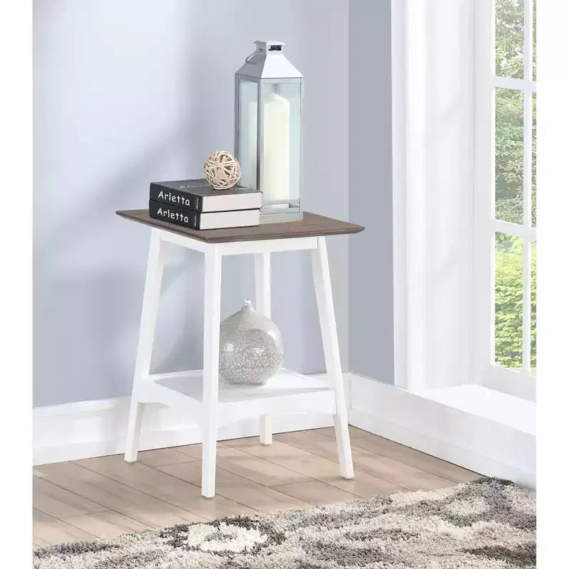 Table d'appoint style Mid-Century Modern avec étagère ouverte, plateau en MDF plaqué et pieds en bois d'hévéa