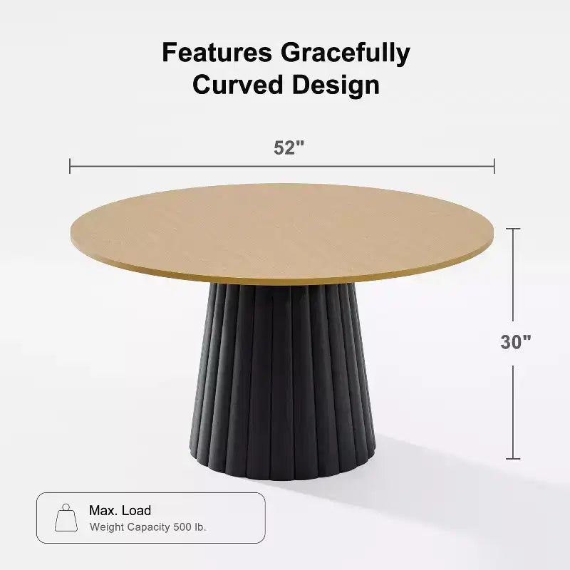 Table à manger ronde en bois massif de 52" pour 4 à 6 personnes, piètement conique texturé, couleur naturelle