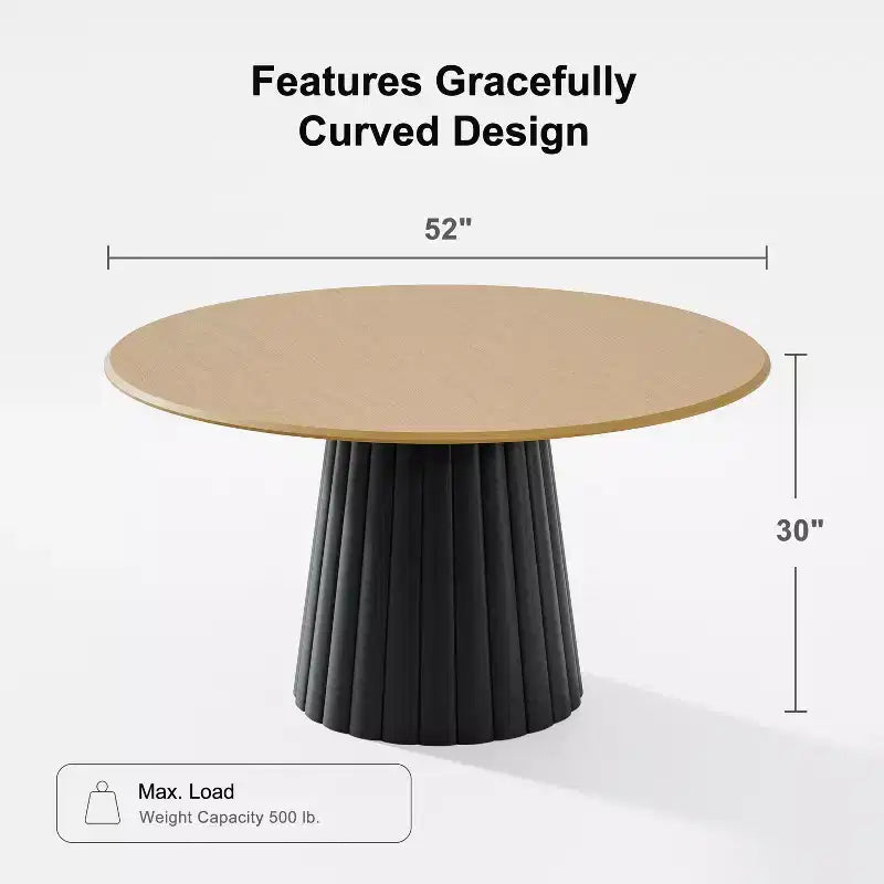 Table à manger ronde en bois de 52 po pour 4-6 personnes, bordure en forme d'arc, base conique texturée, naturelle