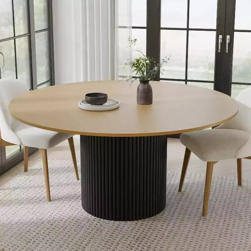 Table de salle à manger ronde 150 cm en bois massif pour 6-8 personnes, piètement cylindrique concave, naturelle
