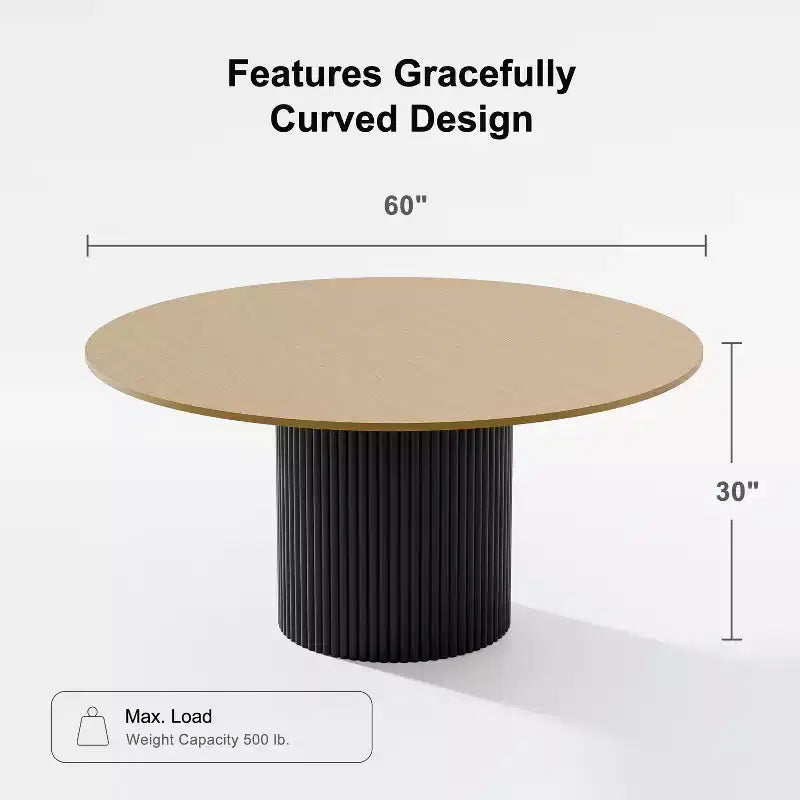 Table de salle à manger ronde 150 cm en bois massif pour 6-8 personnes, piètement cylindrique concave, naturelle