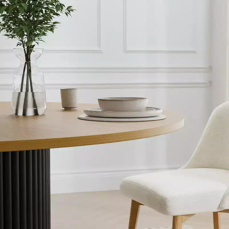 Table de salle à manger ronde 150 cm en bois massif pour 6-8 personnes, piètement cylindrique concave, naturelle