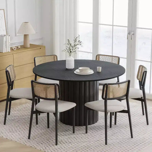 PexFix 52 Solid Wood Round Dining Table Kitchen Table for 4-6 with Tabletop & Textured Cylindrical Base for Living/Dining Room Coffee Office Black