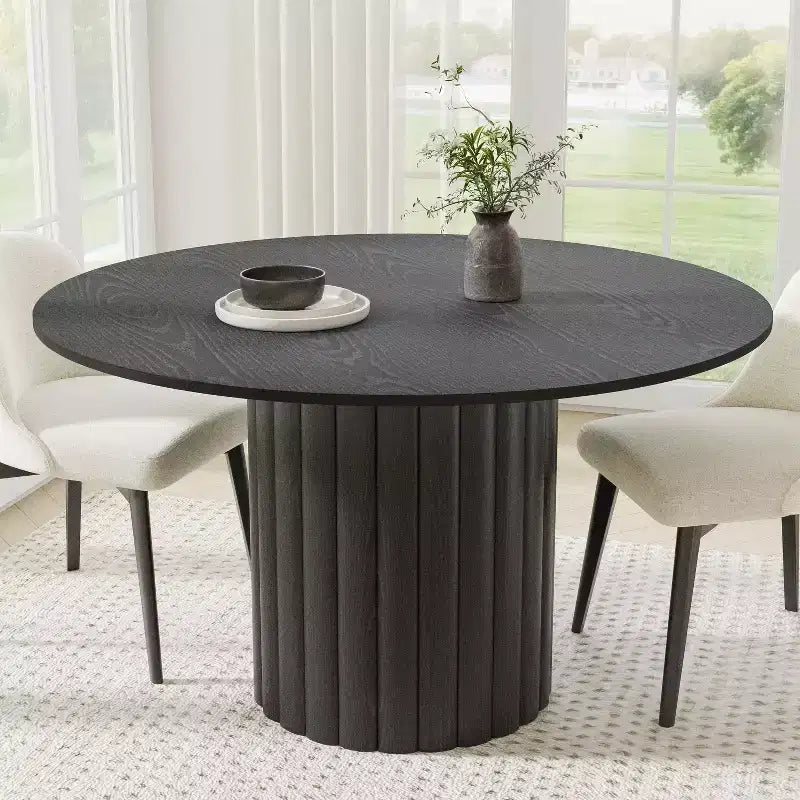 Table à manger ronde en bois massif de 52" pour 4 à 6 personnes, base cylindrique texturée, noire