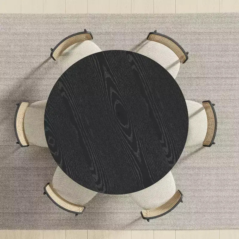 Table à manger ronde en bois massif de 52" pour 4 à 6 personnes, base cylindrique texturée, noire