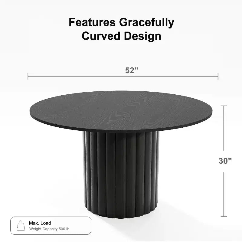 Table à manger ronde en bois massif de 52" pour 4 à 6 personnes, base cylindrique texturée, noire