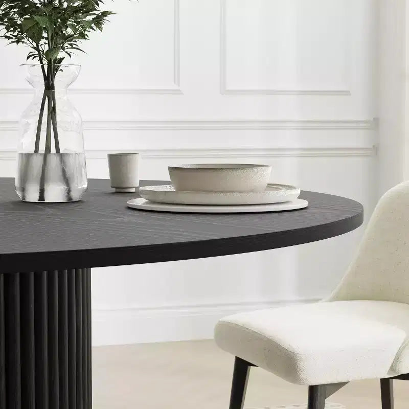 Table à manger ronde en bois massif de 52" pour 4 à 6 personnes, base cylindrique texturée, noire