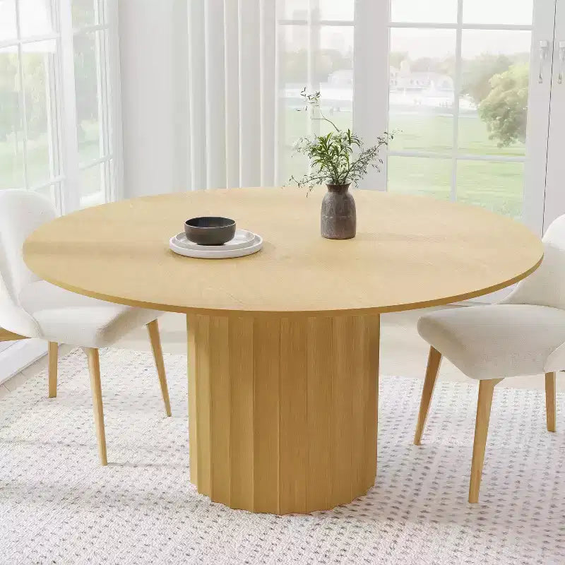 Table à manger ronde 60" en bois massif pour 6-8 personnes, piétement cylindrique cannelé, Naturel