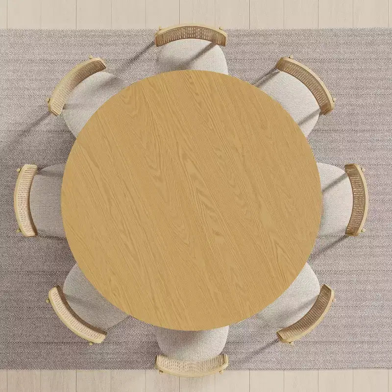 Table à manger ronde 60" en bois massif pour 6-8 personnes, piétement cylindrique cannelé, Naturel