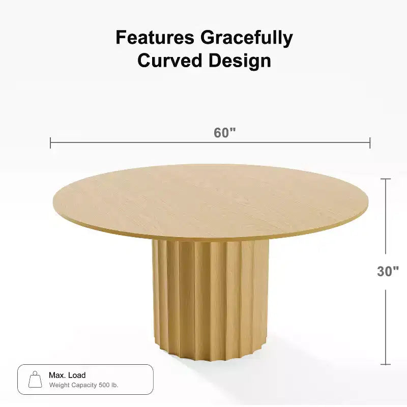 Table à manger ronde 60" en bois massif pour 6-8 personnes, piétement cylindrique cannelé, Naturel
