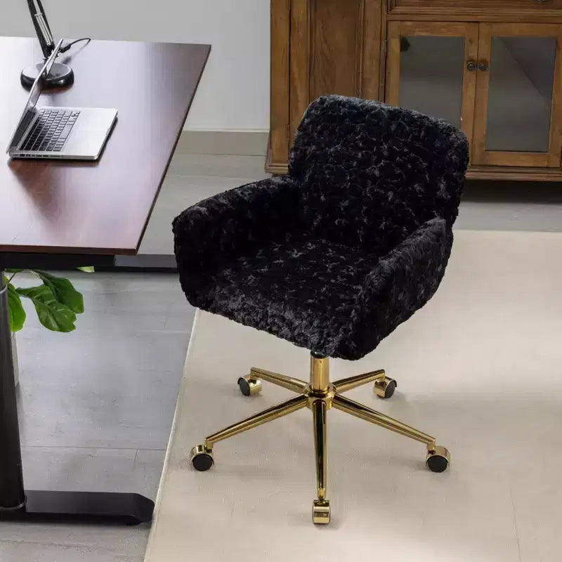 Fauteuil de bureau en velours avec piètement en métal doré, chaise de bureau pivotante à hauteur réglable