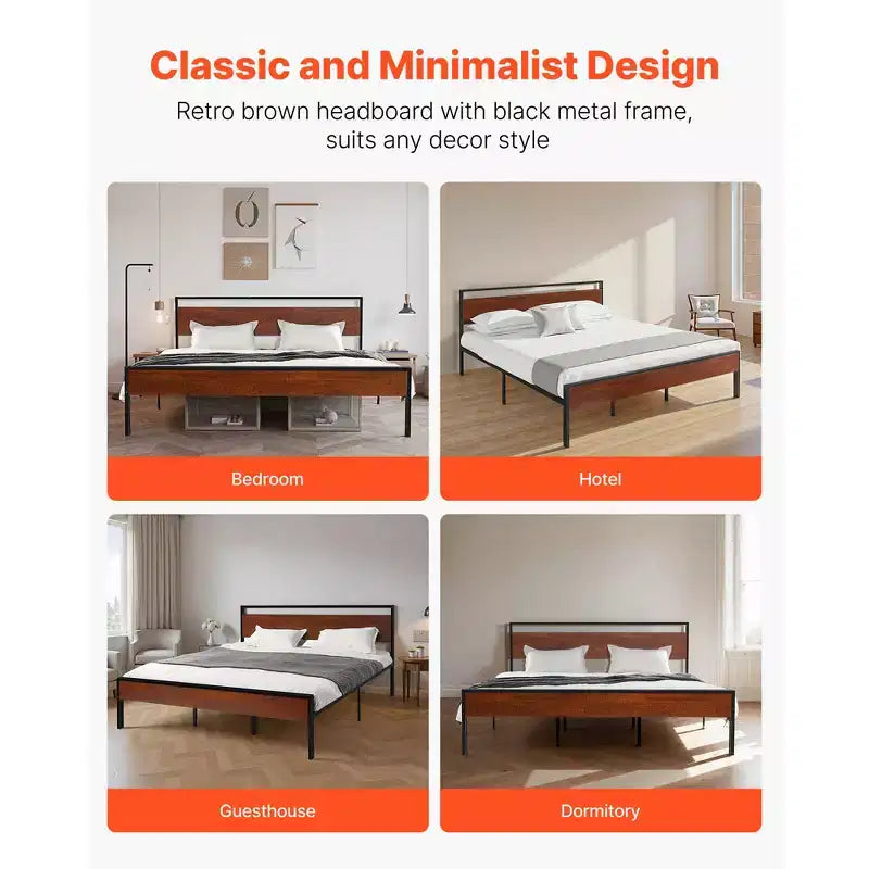 Cadre de lit King Size, plateforme en métal noir de 14 pouces avec tête et pied de lit rétro en bois marron, grand espace de rangement sous le lit, marron