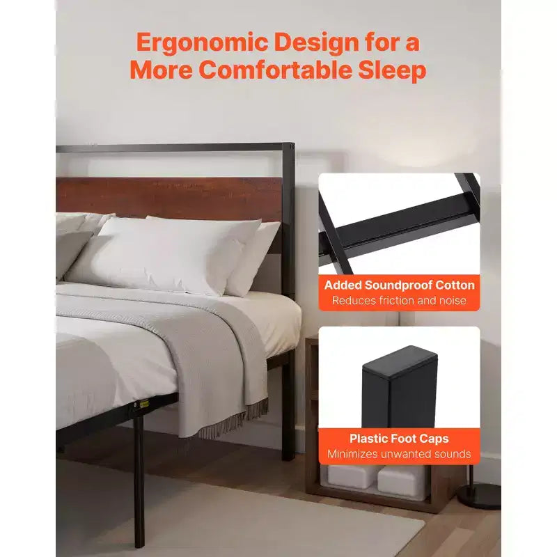 Cadre de lit King Size, plateforme en métal noir de 14 pouces avec tête et pied de lit rétro en bois marron, grand espace de rangement sous le lit, marron