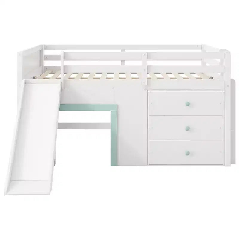 Lit mezzanine bas pleine grandeur avec toboggan, Cadre de lit mezzanine en bois pour enfants avec trois tiroirs de rangement, Blanc