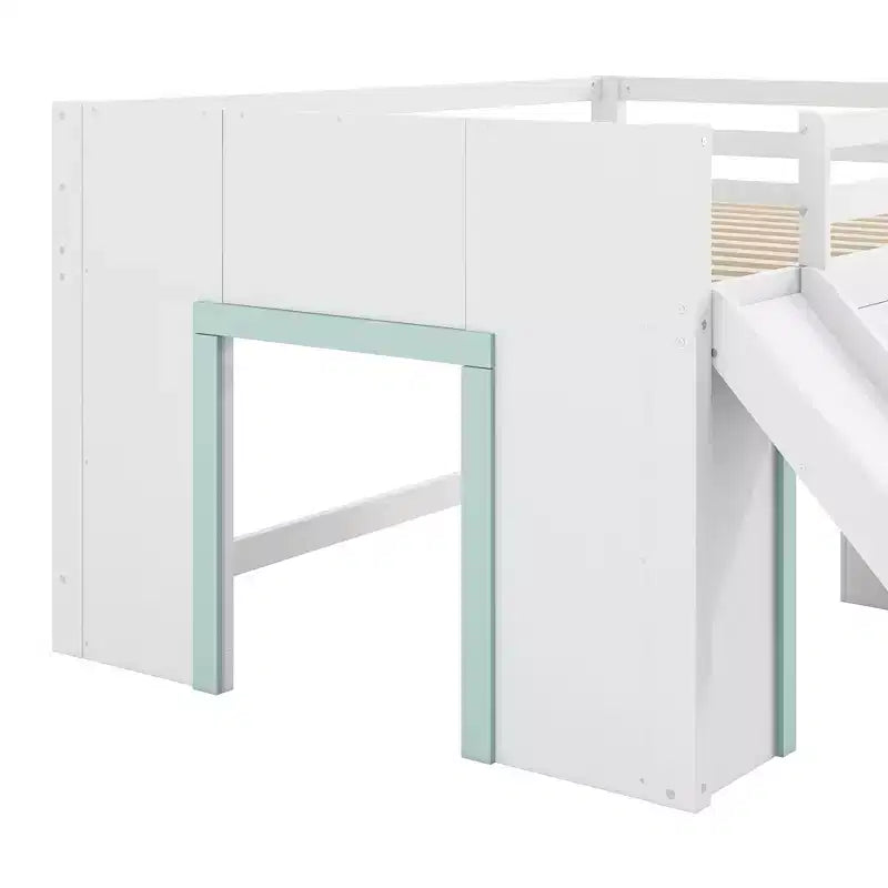 Lit mezzanine bas pleine grandeur avec toboggan, Cadre de lit mezzanine en bois pour enfants avec trois tiroirs de rangement, Blanc