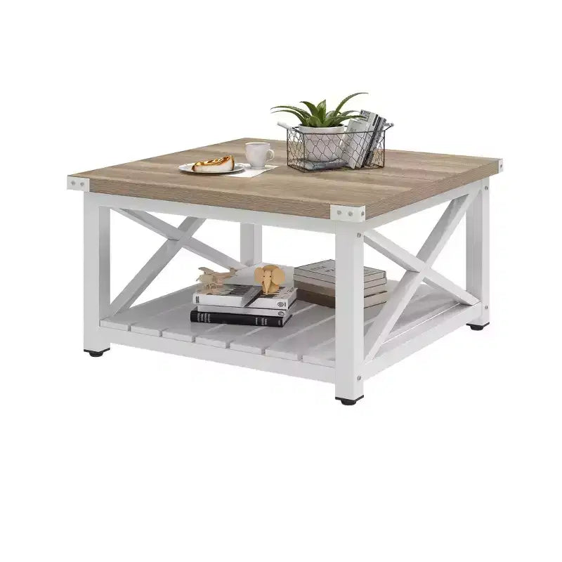 Table basse carrée de style ferme avec rangement, table basse centrale en bois rustique