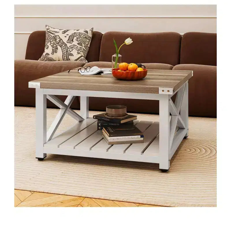 Table basse carrée de style ferme avec rangement, table basse centrale en bois rustique