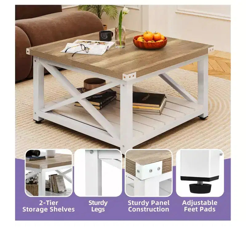 Table basse carrée de style ferme avec rangement, table basse centrale en bois rustique