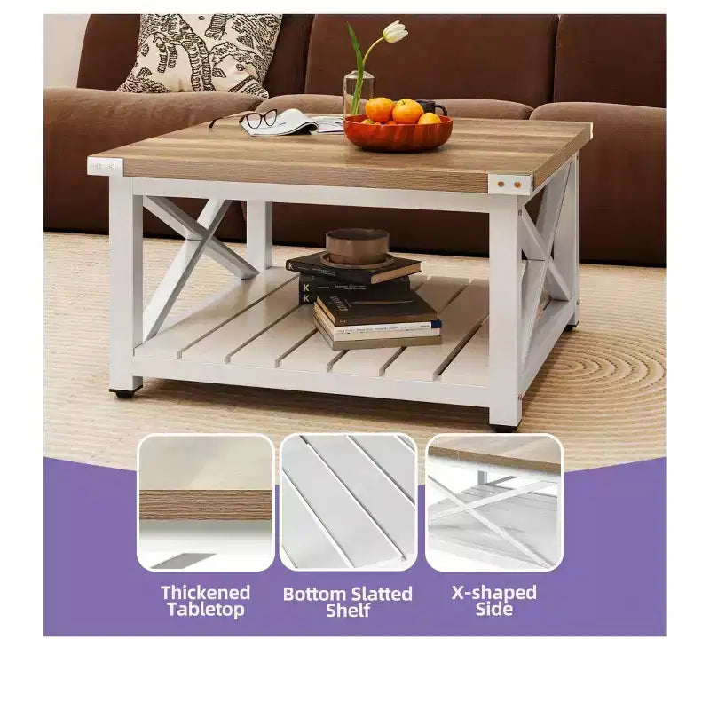 Table basse carrée de style ferme avec rangement, table basse centrale en bois rustique