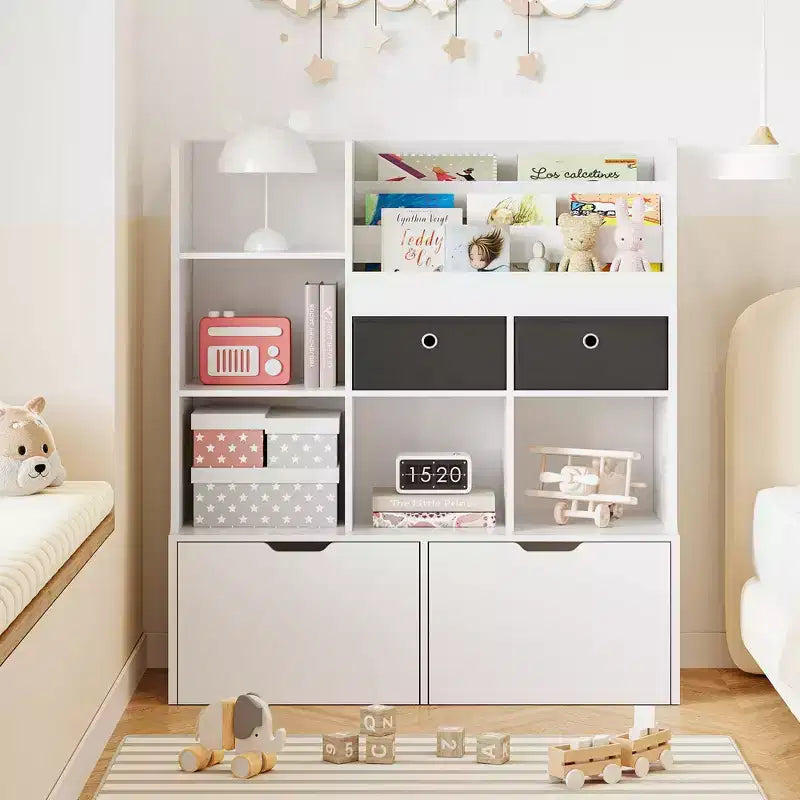 Organisateur de Rangement pour Jouets 121,4 cm Bibliothèque pour Enfants avec Tiroirs, Étagère à Livres Moderne en Bois avec Casiers et Armoire de Rangement au Sol, Coffre à Jouets
