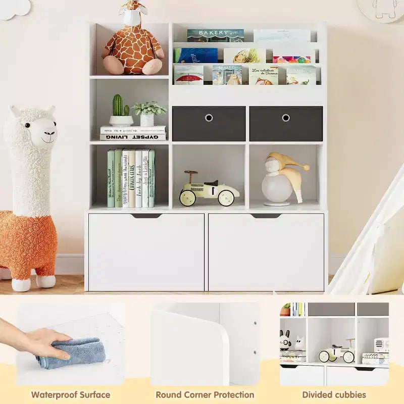 Organisateur de Rangement pour Jouets 121,4 cm Bibliothèque pour Enfants avec Tiroirs, Étagère à Livres Moderne en Bois avec Casiers et Armoire de Rangement au Sol, Coffre à Jouets