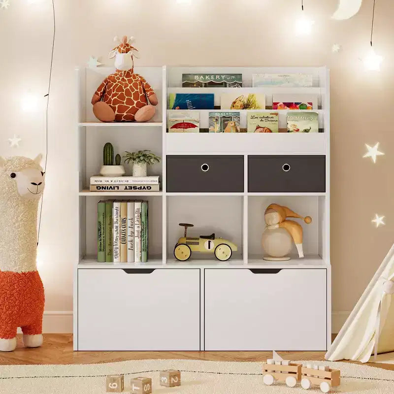 Organisateur de Rangement pour Jouets 121,4 cm Bibliothèque pour Enfants avec Tiroirs, Étagère à Livres Moderne en Bois avec Casiers et Armoire de Rangement au Sol, Coffre à Jouets