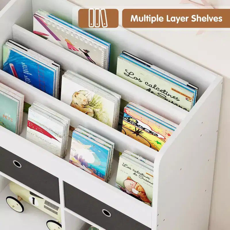 Organisateur de Rangement pour Jouets 121,4 cm Bibliothèque pour Enfants avec Tiroirs, Étagère à Livres Moderne en Bois avec Casiers et Armoire de Rangement au Sol, Coffre à Jouets