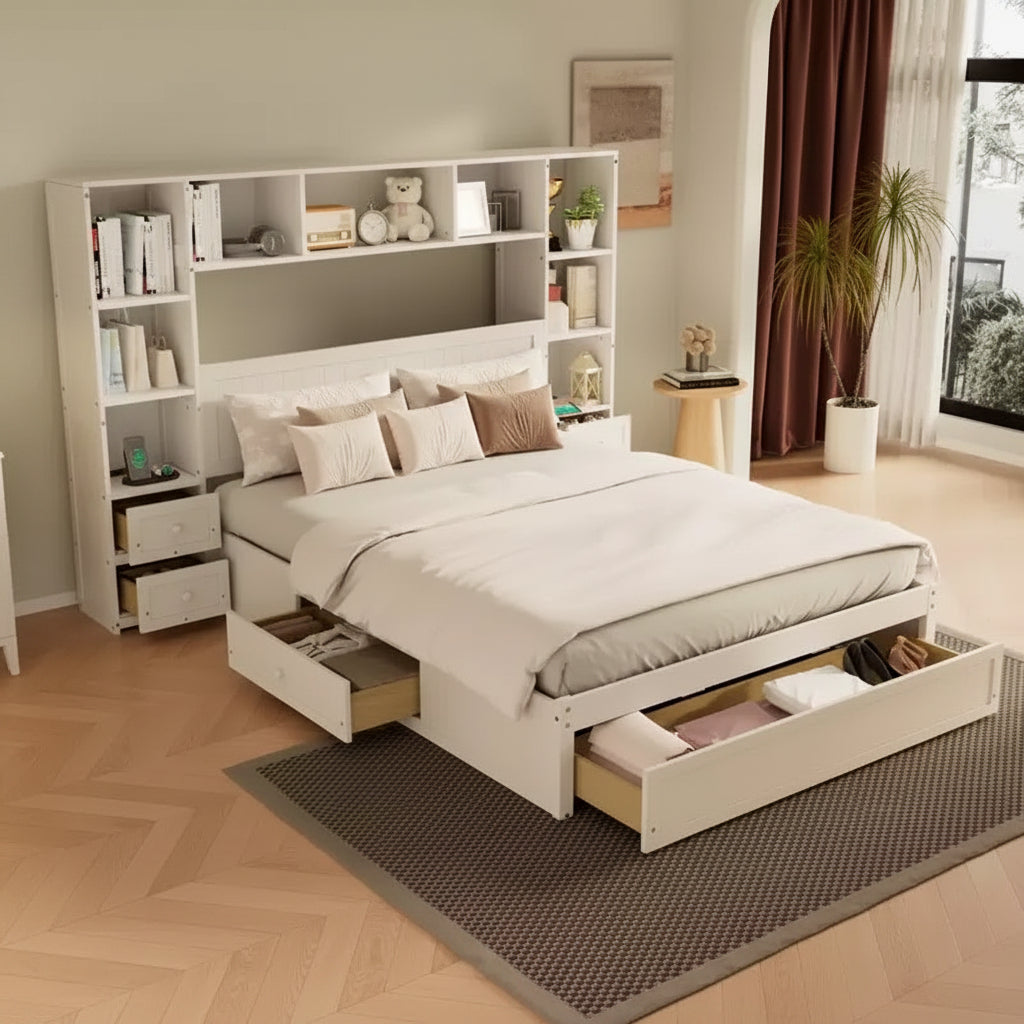 Lit plateforme queen en pin avec tables de chevet et armoire-bibliothèque