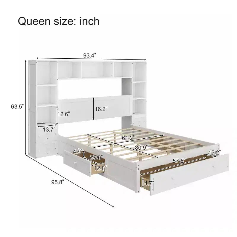 Lit plateforme queen en pin avec tables de chevet et armoire-bibliothèque