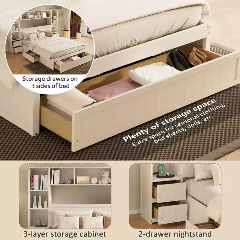 Lit plateforme queen en pin avec tables de chevet et armoire-bibliothèque