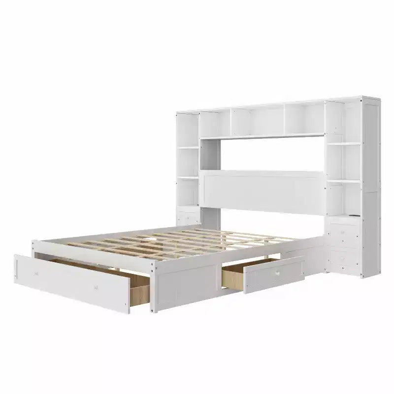 Lit plateforme queen en pin avec tables de chevet et armoire-bibliothèque