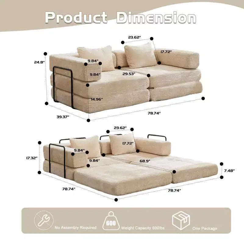 Canapé-lit convertible avec cadre fixe Causeuses modulaires sans ossature Tissu chenille