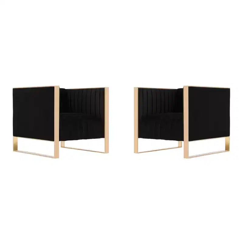 Fauteuils d'appoint en velours avec finition dorée, lot de 2, noir, aucun assemblage requis