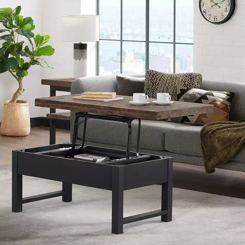 Table basse relevable rustique 42" avec rangement, bois de pin vieilli, style industriel, cadre noir