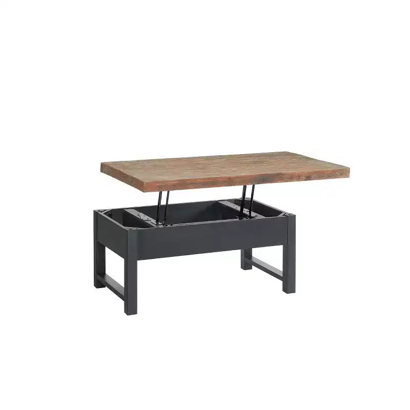 Table basse relevable rustique 42" avec rangement, bois de pin vieilli, style industriel, cadre noir