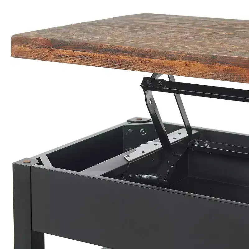 Table basse relevable rustique 42" avec rangement, bois de pin vieilli, style industriel, cadre noir