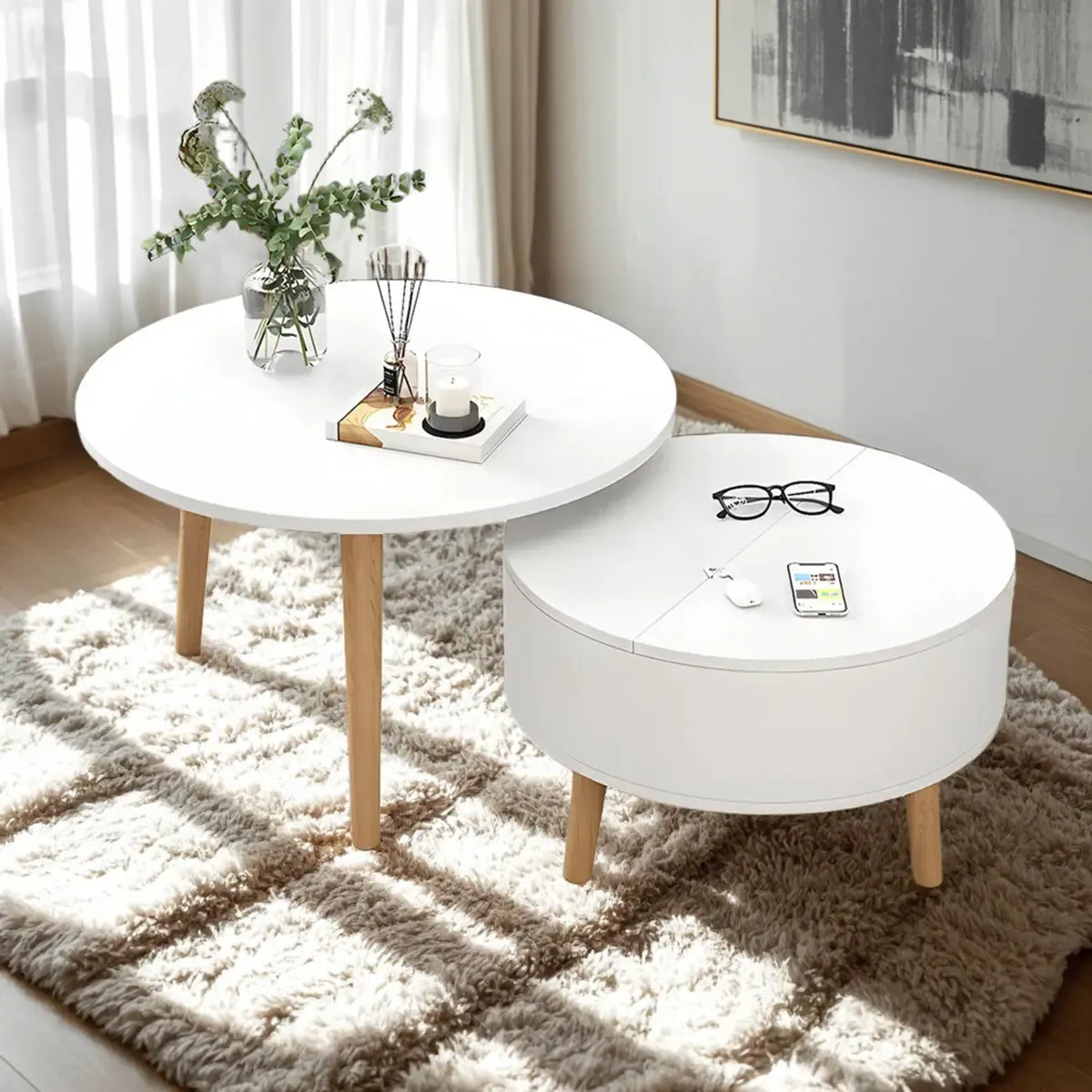 Table basse ronde moderne en bois noir et blanc avec rangement