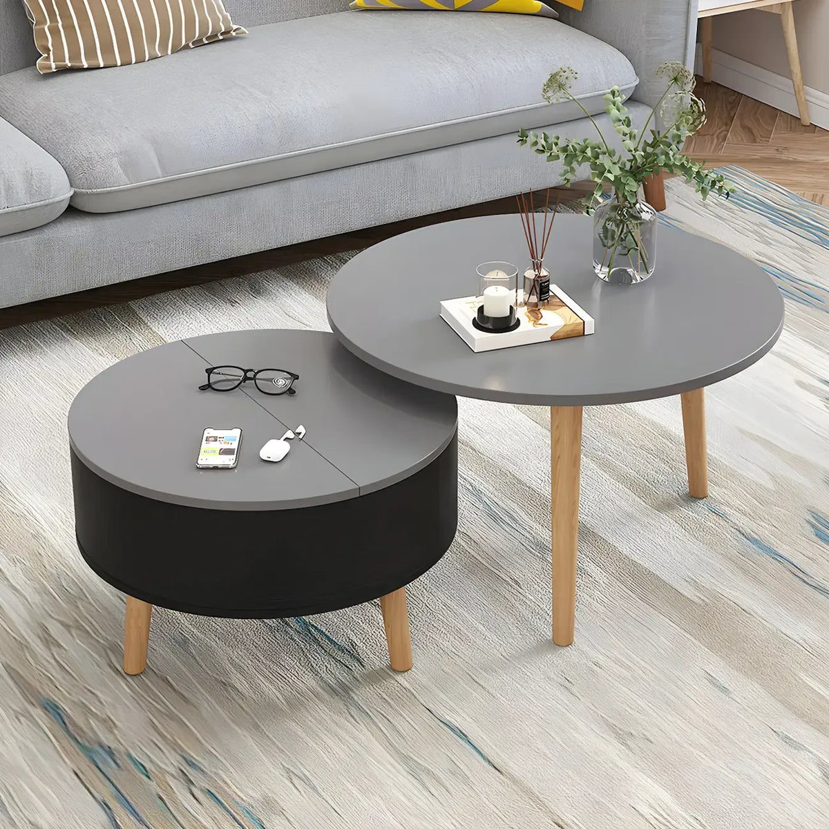 Table basse ronde moderne en bois noir et blanc avec rangement