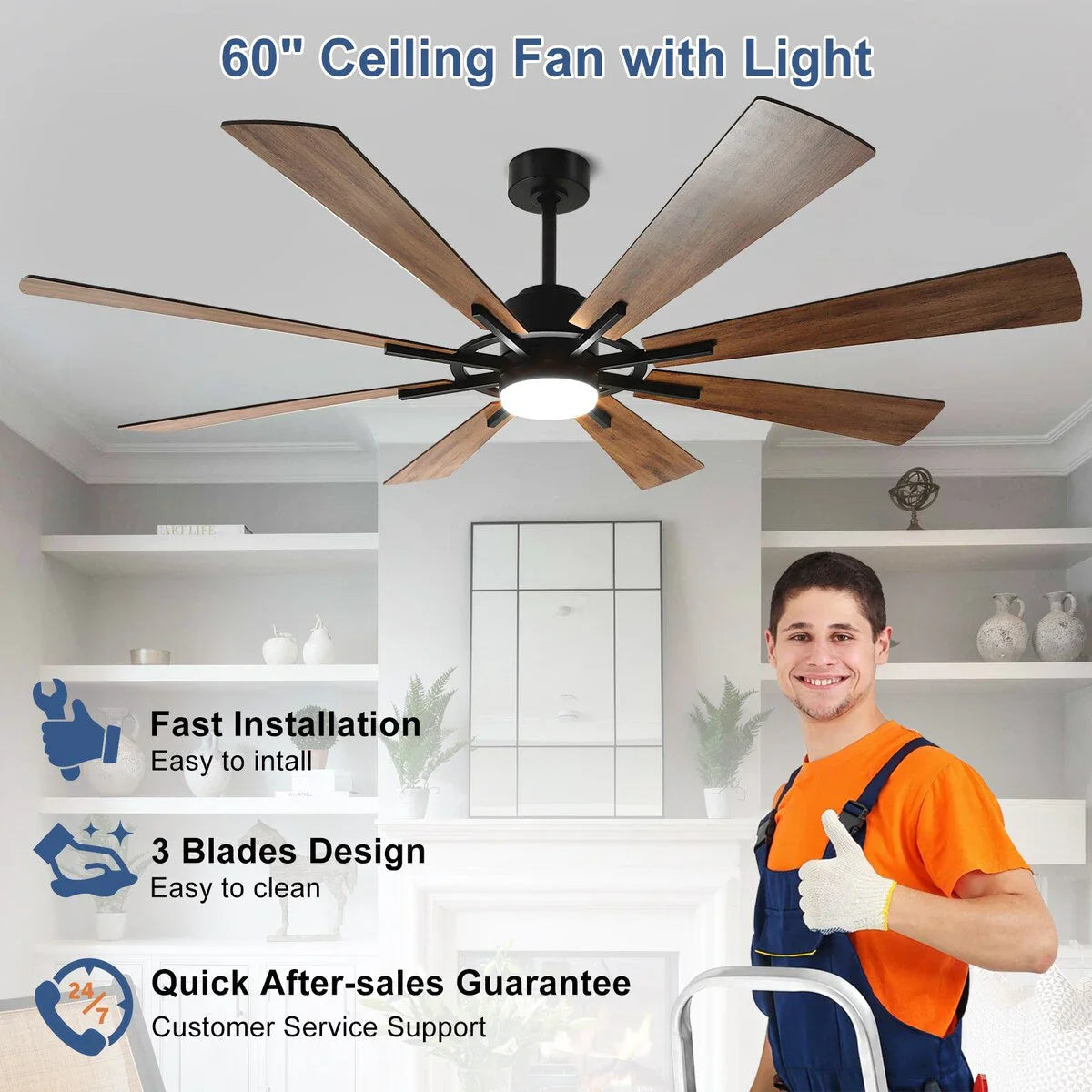 Ventilateur de plafond télécommandé avec lumières, grandes 8 pales en bois