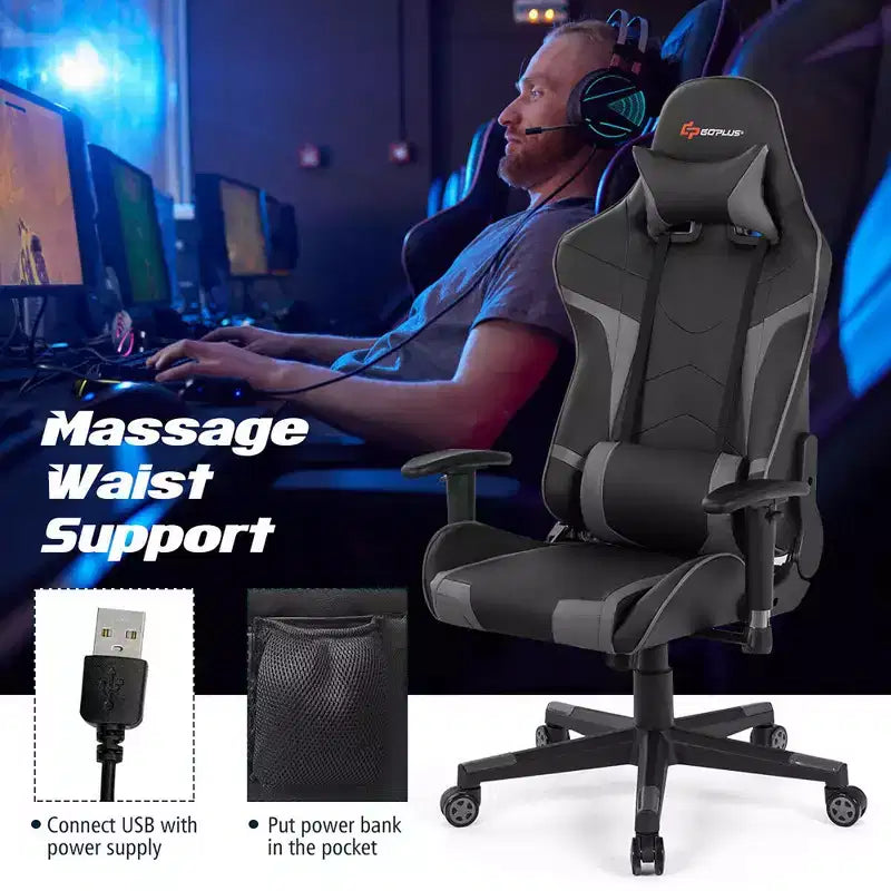 Fauteuil de bureau gaming massant, inclinable, pivotant, style course, avec soutien lombaire